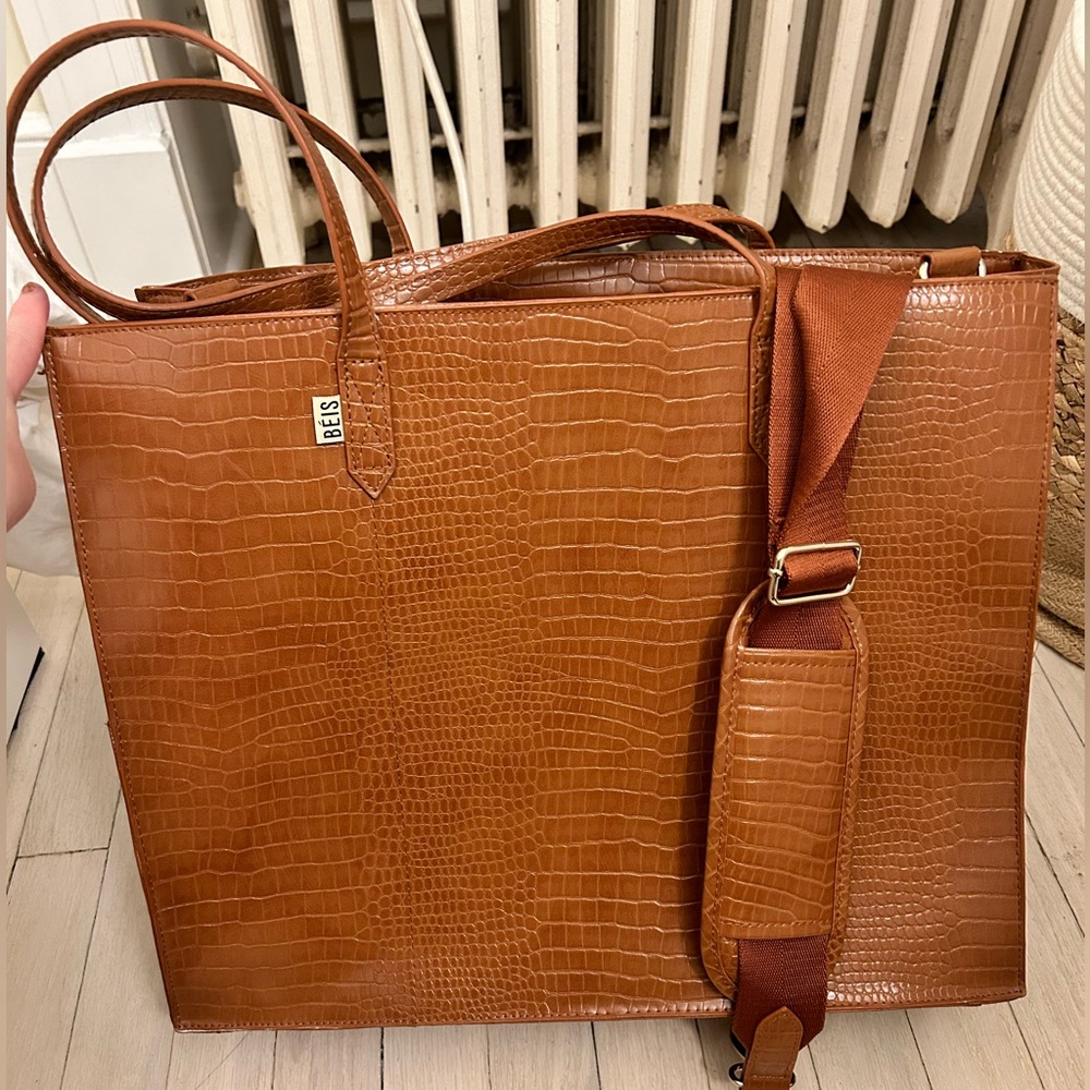 Béis Large Work Tote in Cognac Croc